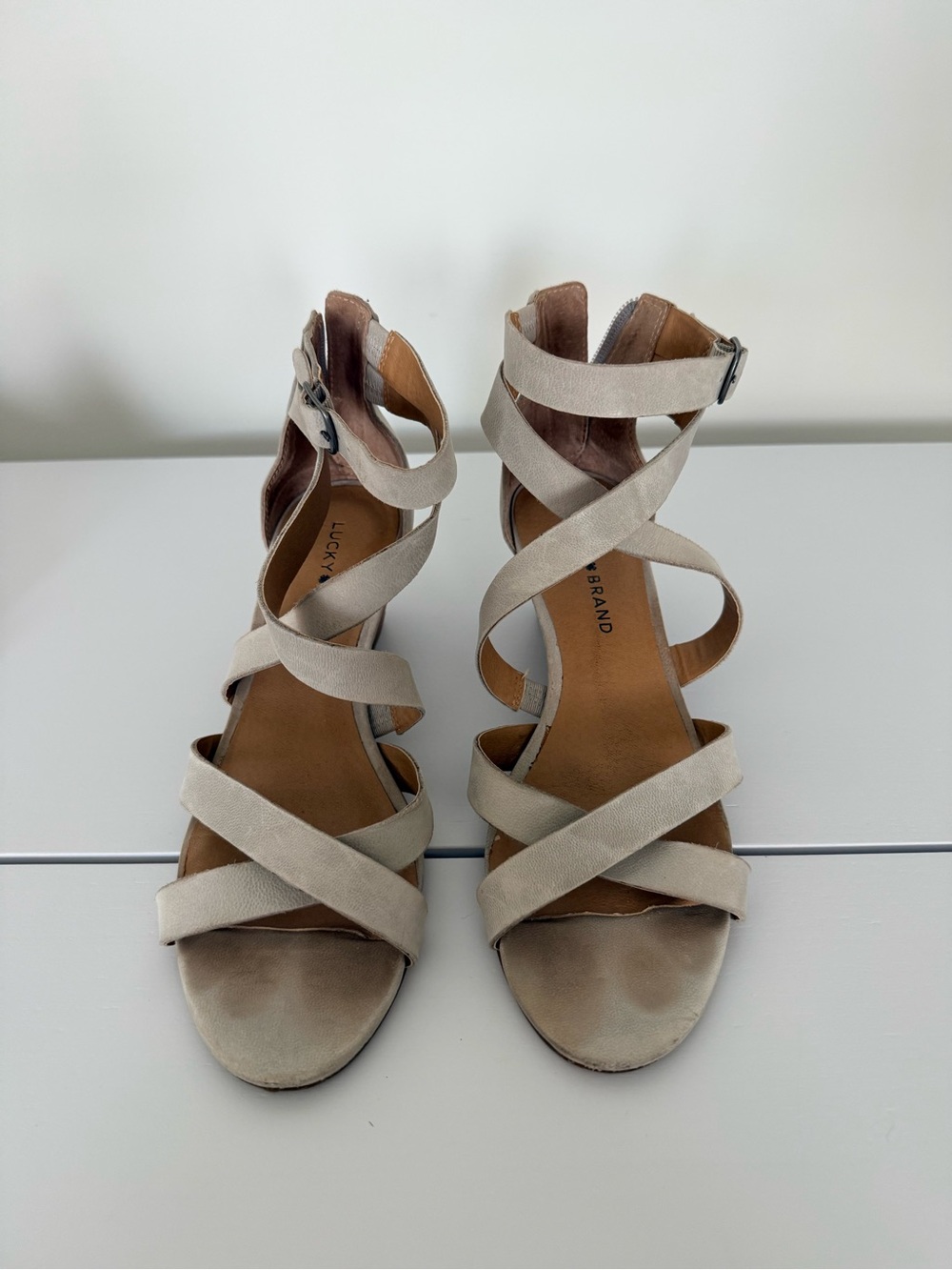 Lucky Brand Taupe Strappy Wedge Sandals Size 8